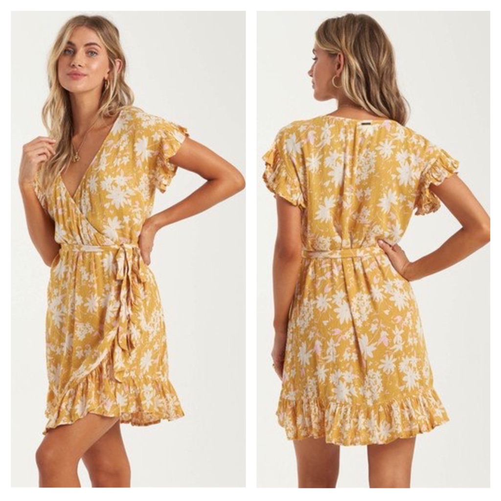 Billabong Wrap And Roll Floral Dress In Bright Gold